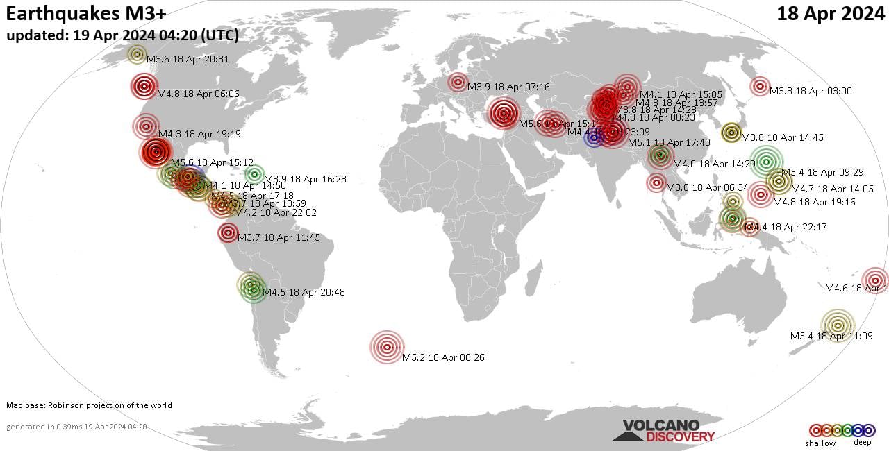 Worldwide earthquakes above magnitude 3 during the past 24 hours on 19 Apr 2024