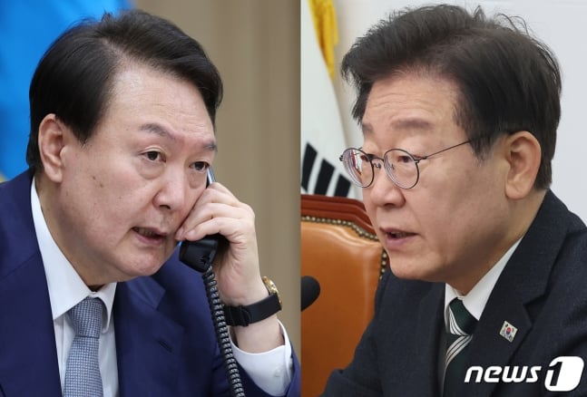 윤석열 대통령이 19일 오후 3시 30분경 이재명 더불어민주당 대표와 전화 통화를 통해 다음주 적당한 시기에 용산에서 회동할 것을 제안했다고 대통령실이 밝혔다. 사진은 22년 윤 대통령이 용산 대통령실에서 기시다 후
