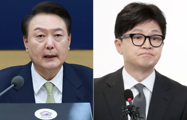 윤석열 대통령과 국민의힘 한동훈 전 비상대책위원장. 연합뉴스