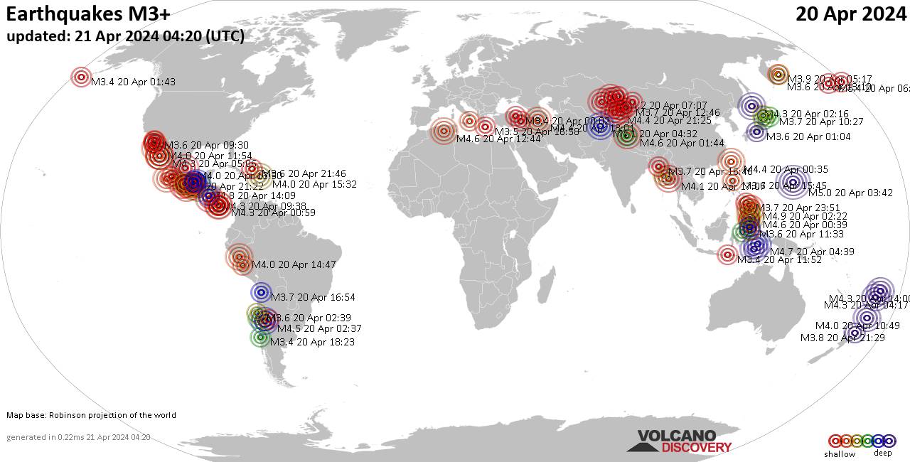 Worldwide earthquakes above magnitude 3 during the past 24 hours on 21 Apr 2024
