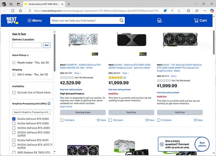 Best Buy에서 매진된 GeForce RTX 5090 목록의 스크린샷입니다.