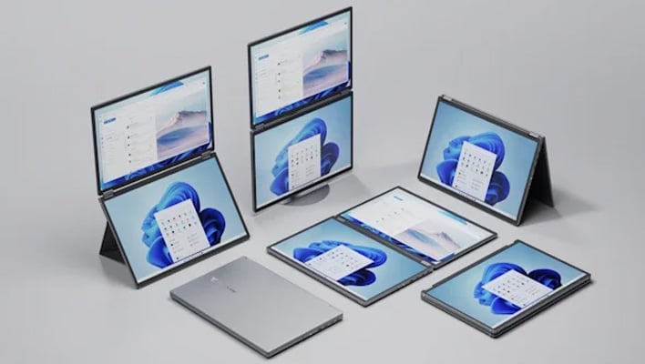ASUS ZenScreen Duo OLED portable monitors in different orientations.