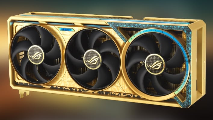 흐릿한 배경 위에 ASUS ROG Astral GeForce RTX 5090 Dhahab을 각도별로 렌더링한 모습입니다.