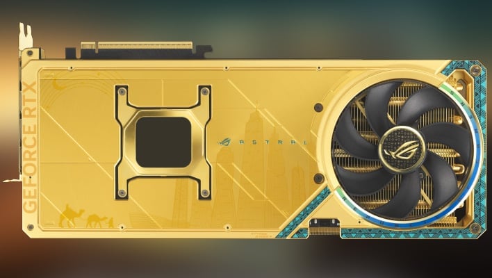 흐릿한 배경 위에 ASUS ROG Astral GeForce RTX 5090 Dhahab의 후면 렌더링.
