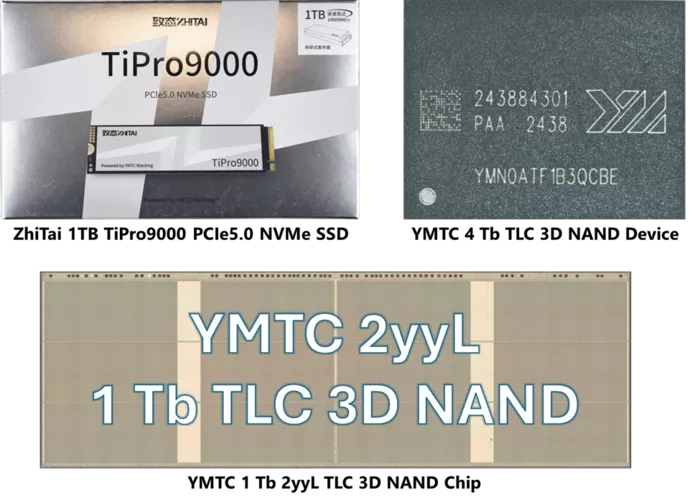 YMTC의 270단 1테라비트(Tb) 트리플레벨셀(TLC) 5세대 3D 낸드가 적용된 치타이의 소비자용 솔리드스테이트드라이브(SSD) '티프로 9000'(출처:테크인사이츠)