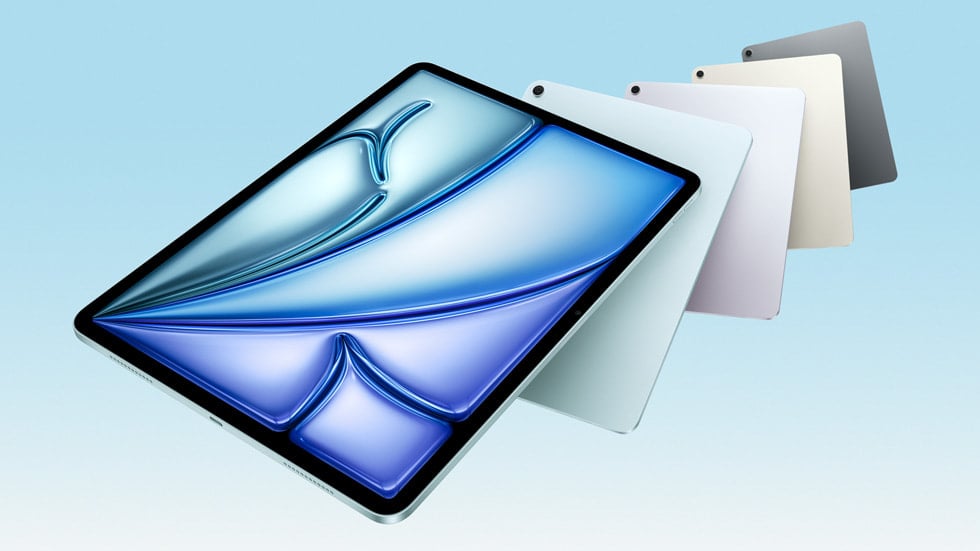 M3 칩을 탑재한 iPad Air 5대가 넓게 펼쳐져 있는 모습.
