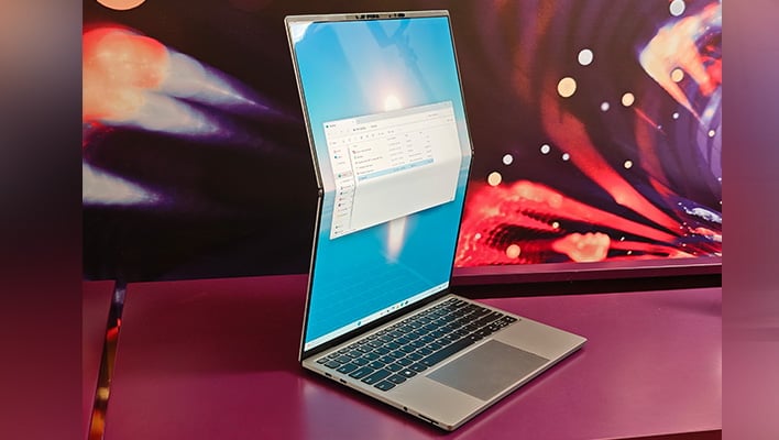 Lenovo ThinkBook Flip AI PC concept with the display upright.