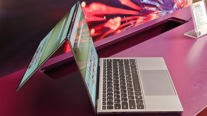Side view of Lenovo's ThinkBook Flip AI PC concept.