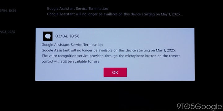 영어권 LG TV 사용자에게 공지된 구글 어시스턴트 서비스 종료 메시지입니다.