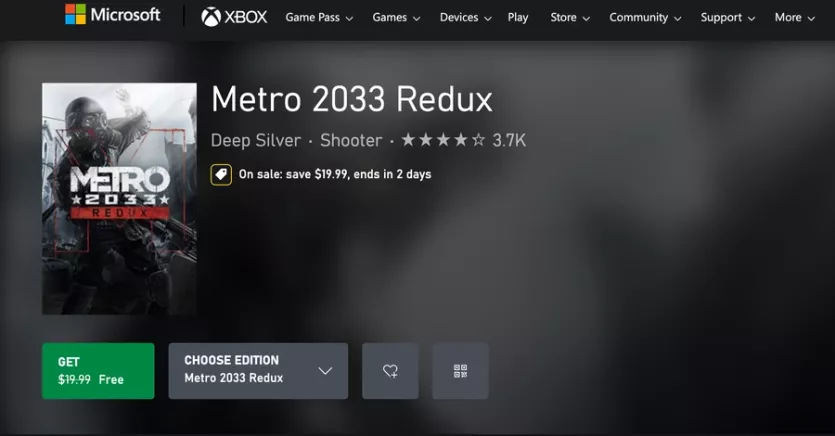 Xbox 사이트 Metro 2033 Redux 게임 소개 페이지 일부를 찍은 이미지입니다.