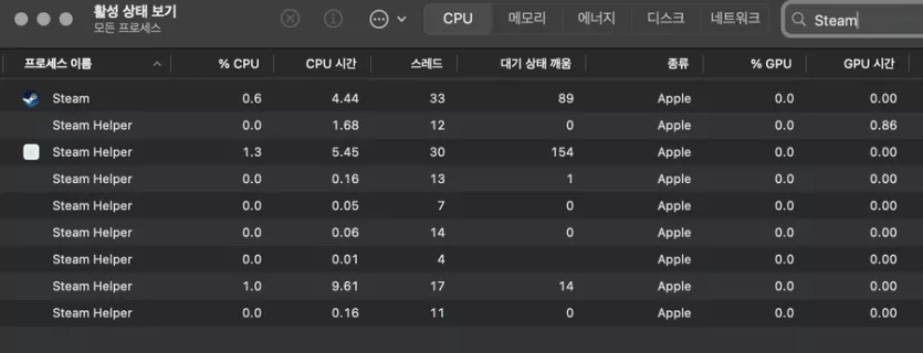 macOS 활성 상태 보기에서 스팀 프로세스가 표시되는 화면입니다.
