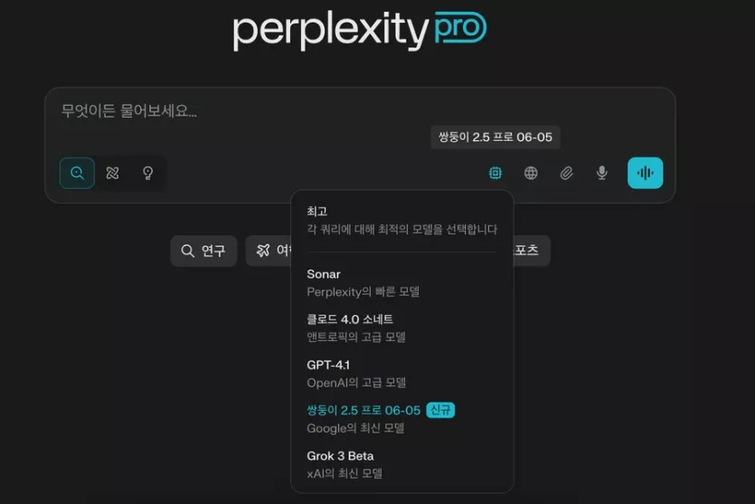 퍼플렉시티 AI 검색 화면입니다.