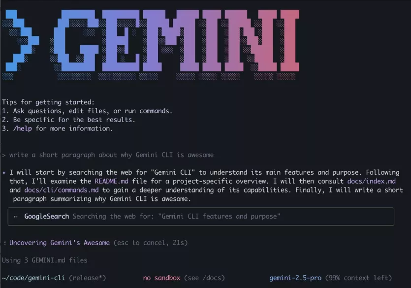 Gemini CLI 실행 예시 화면입니다.