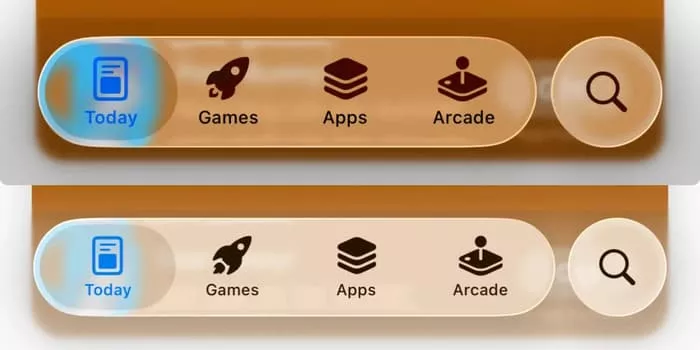 애플 iOS 26 개발자 베타 2와 베타 3의 투명도 효과 비교 이미지입니다.