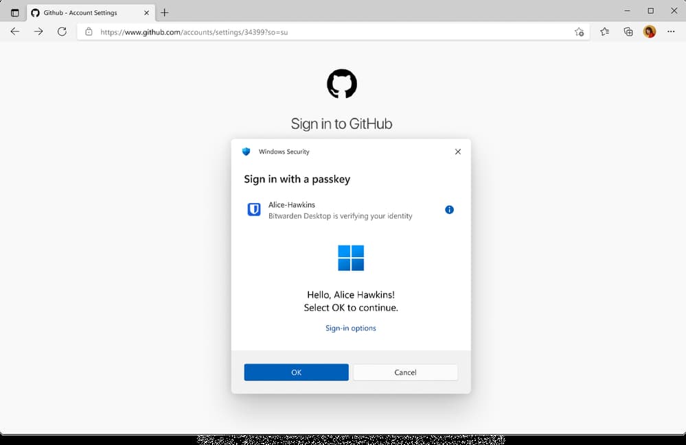 Bitwarden 패스키로 로그인하는 화면