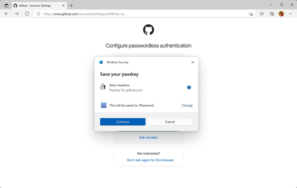 1Password에 패스키 등록 화면