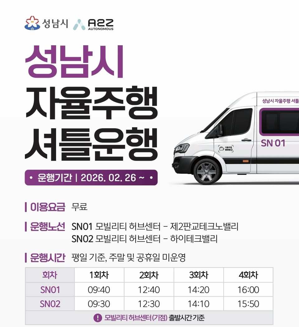 성남시 자율주행 셔틀 안내문 이미지입니다.