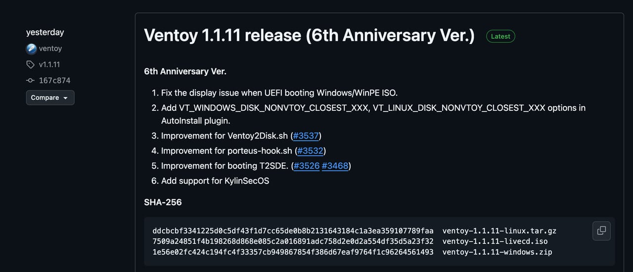 GitHub에 올라온 1.11.11 버전 릴리스 페이지 캡처입니다.